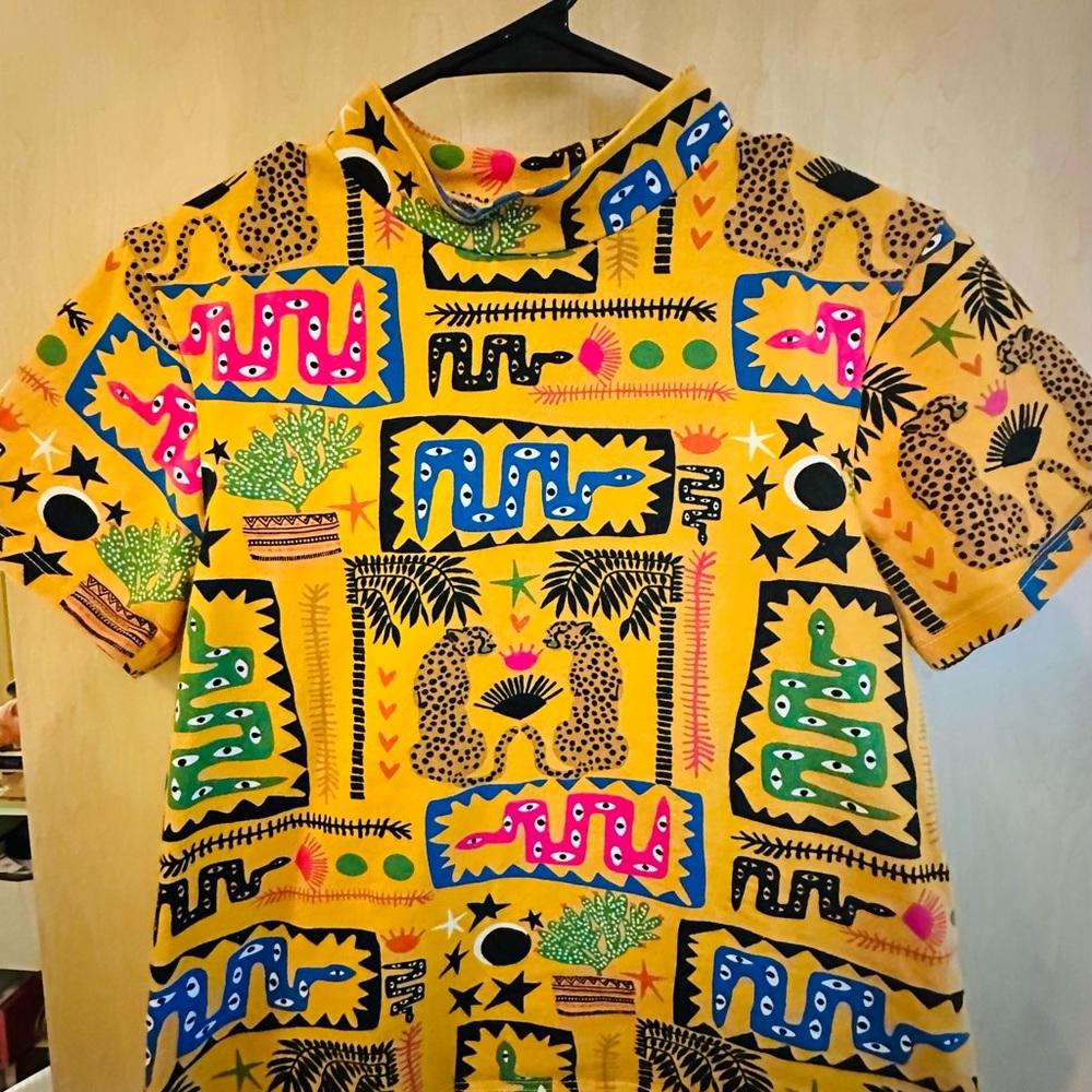 Bright Yellow Button Down Shirt with Graphic Elements and Geometric Patterns